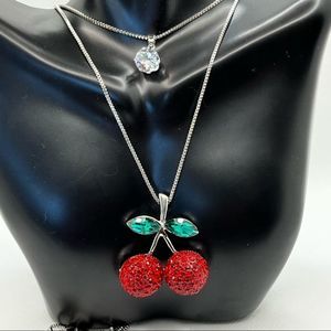 Betsey Johnson Double Pendant Cherry Gemstone Necklace NWT